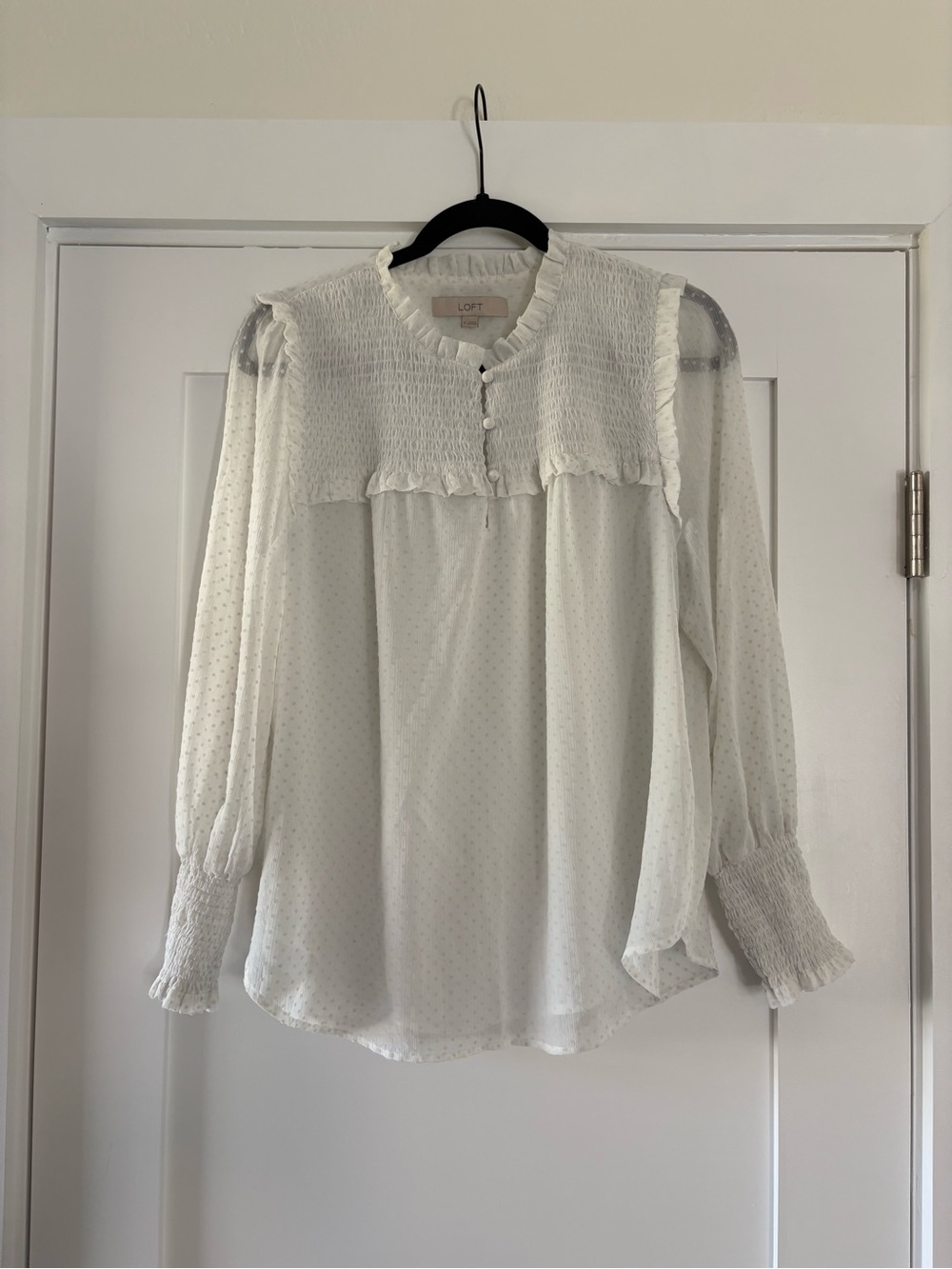 LOFT White Swiss Dot Smocked Ruffle Keyhole Blouse 443485